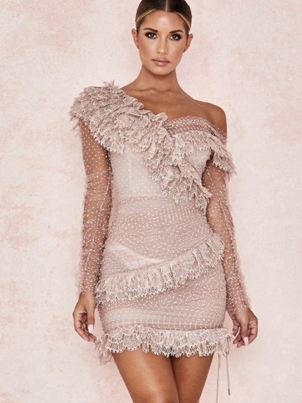 House of CB Blush Sorrel, One-Shoulder Ruffle Lace Mini Dress